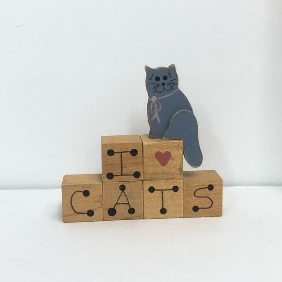 i love cats wood cubes miniature 2 inch decor gray cat figure 90s 80s - Picture 1 of 6